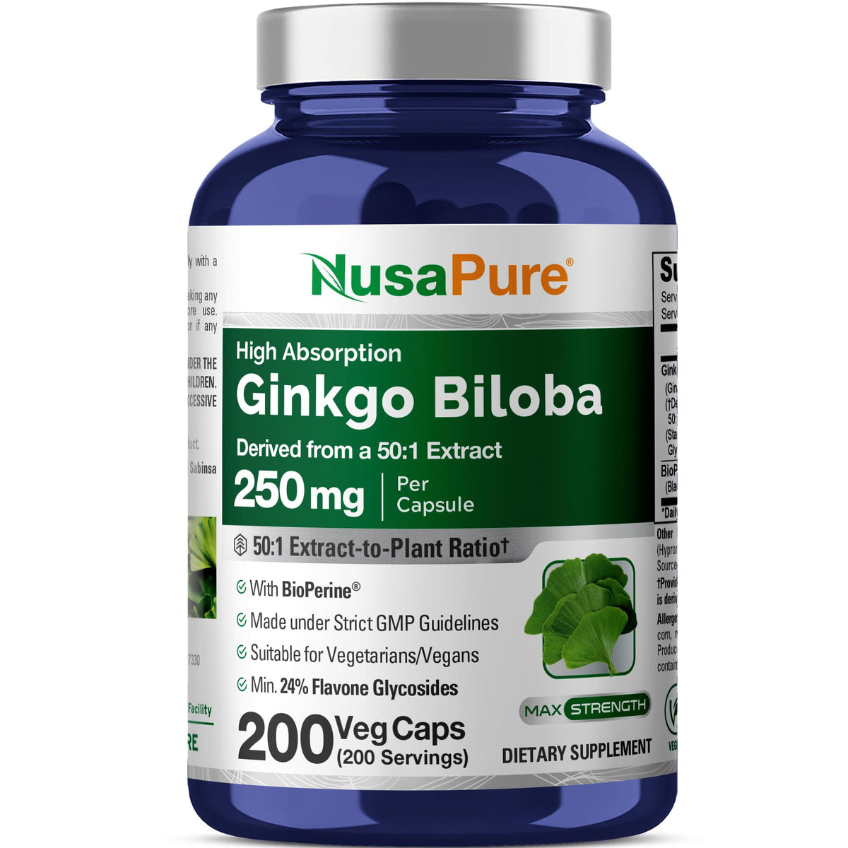 NusaPure Ginkgo Biloba 250mg - 200 Vegetarian Capsules
