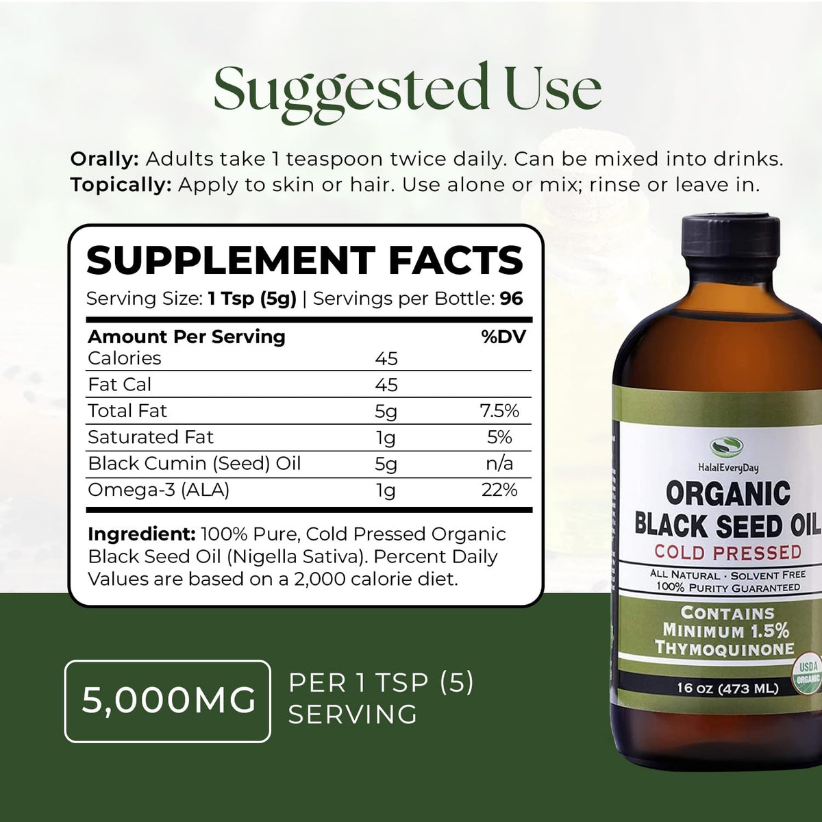 HalalEveryDay Organic Black Seed Oil - USDA Certified Cold Pressed