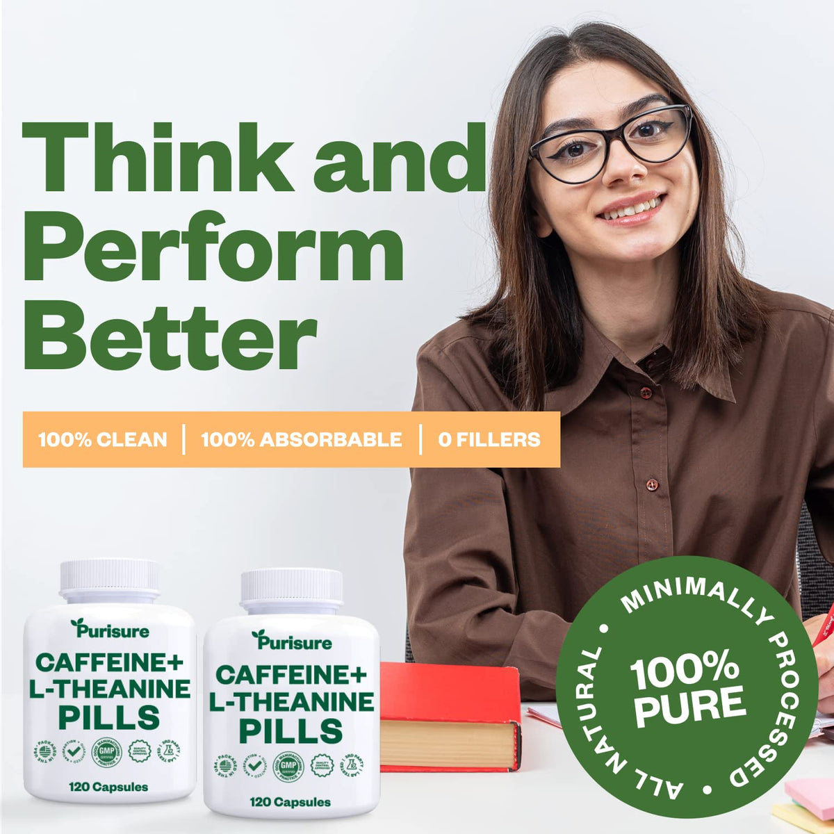 Purisure Caffeine Theanine 100mg Capsules for Energy & Clarity - 120 Count - image 4