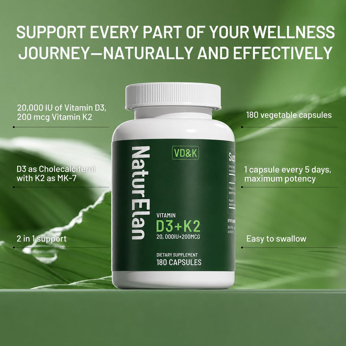 NaturElan Vitamin D3 K2 20,000 IU - 180 Capsules - image 3