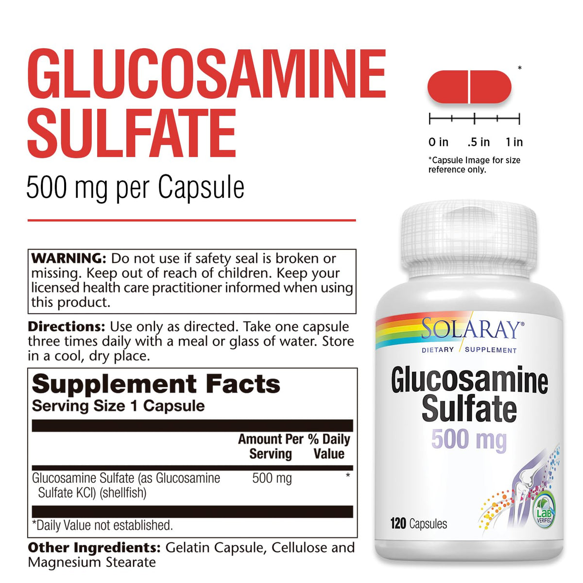SOLARAY Glucosamine Sulfate 500 mg Joint Support - 120 Capsules - image 3
