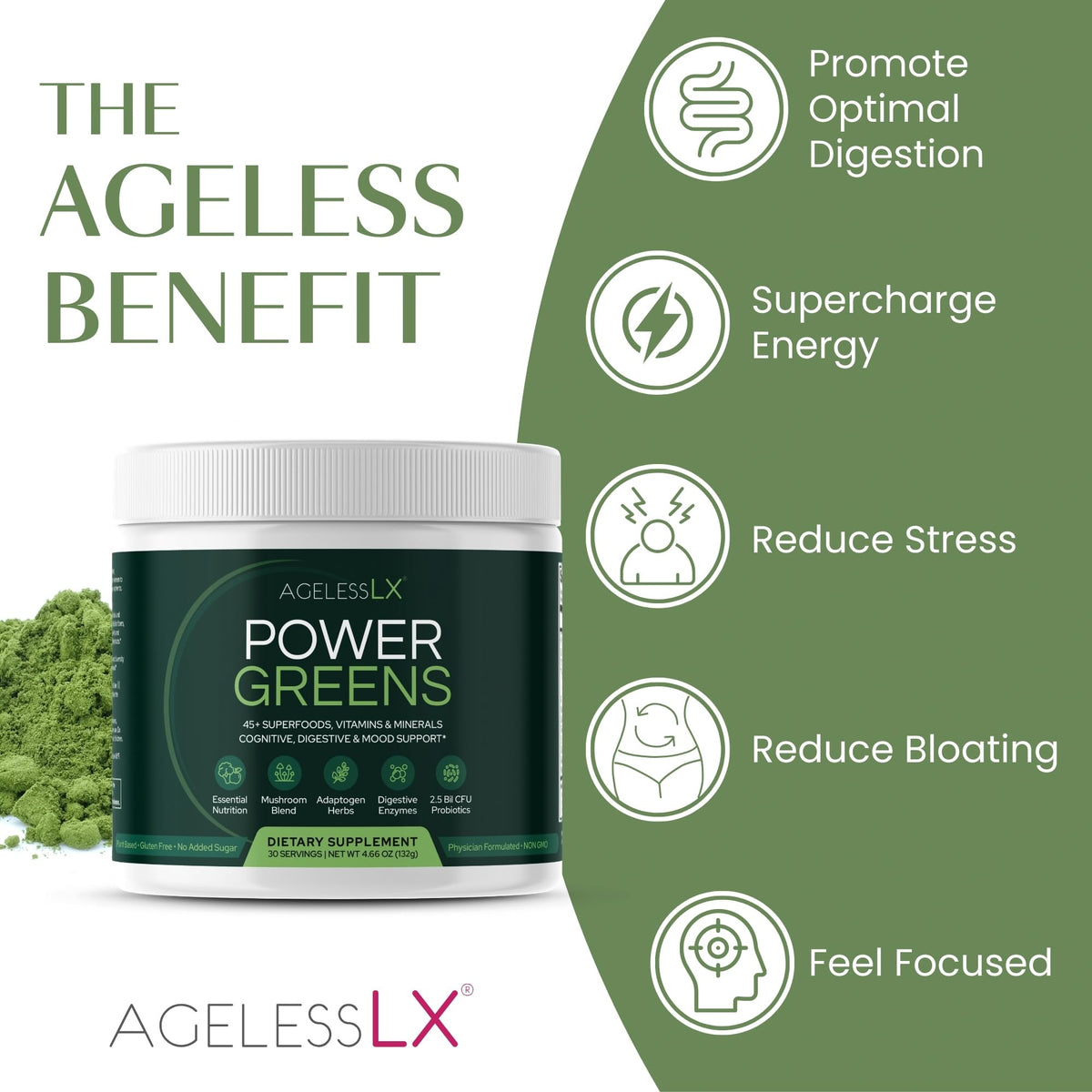 AgelessLX Power Greens Superfood Powder for Energy & Immunity - 30 Servings - image 4