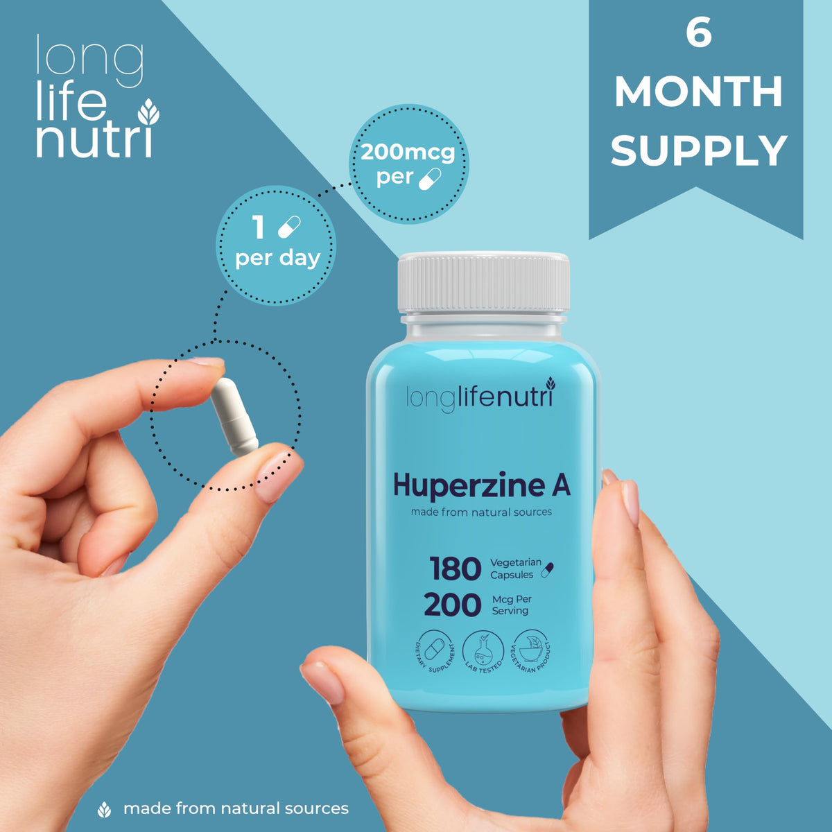 LongLifeNutri Huperzine A 200mcg Brain Nootropic - 180 Vegetarian Capsules - image 5