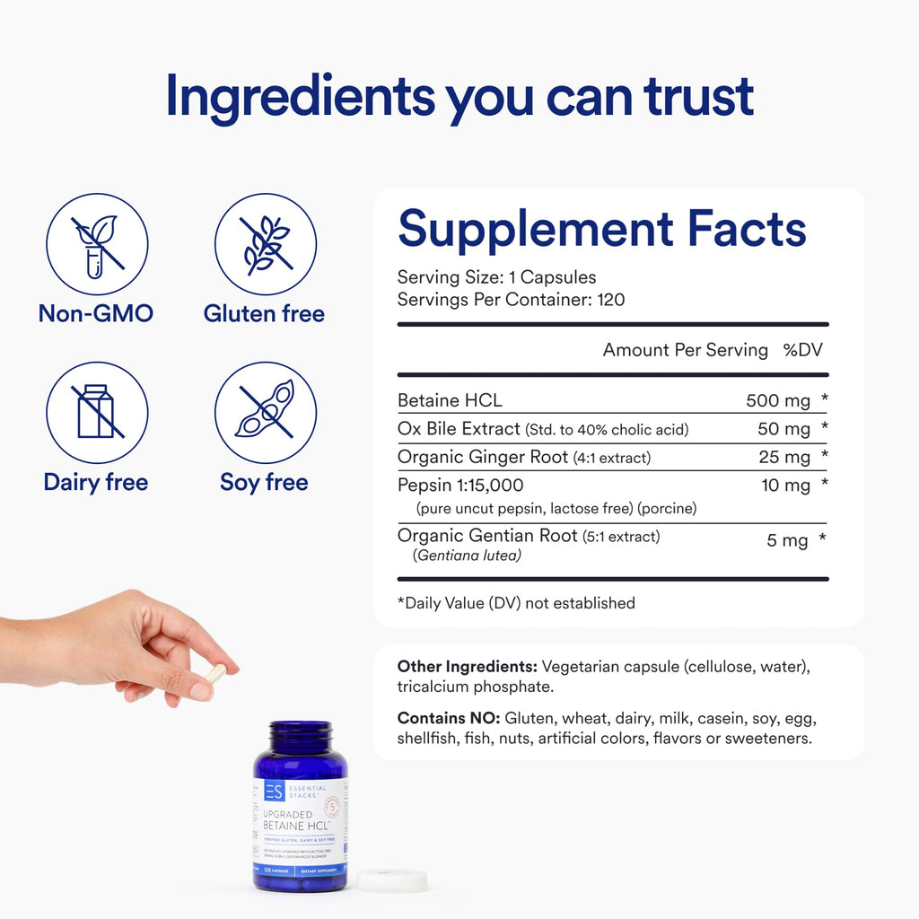 Essential Stacks Betaine HCL with Pepsin Digestive Enzyme - 120 Capsules - image 6