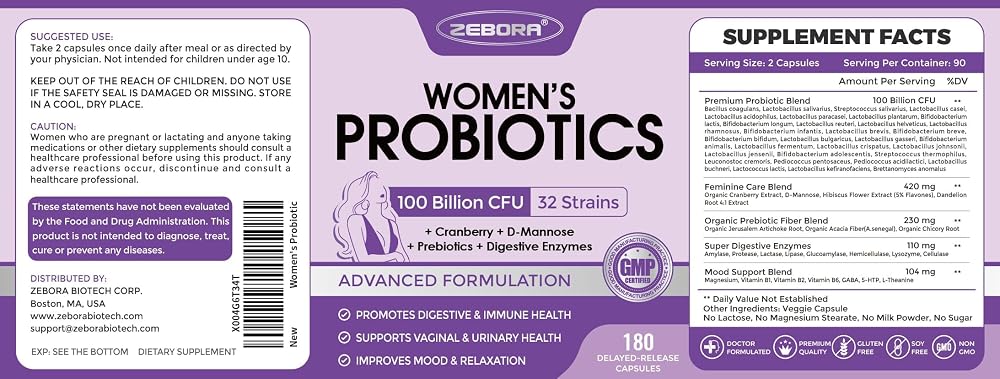 ZEBORA Probiotics for Women Digestive Health 100 Billion CFU - 90 Servings - image 9