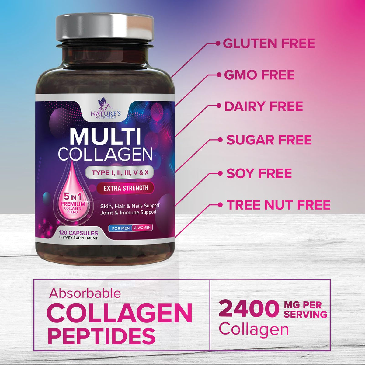 Nature's Nutrition Multi Collagen Complex Pills - Hydrolyzed Collagen