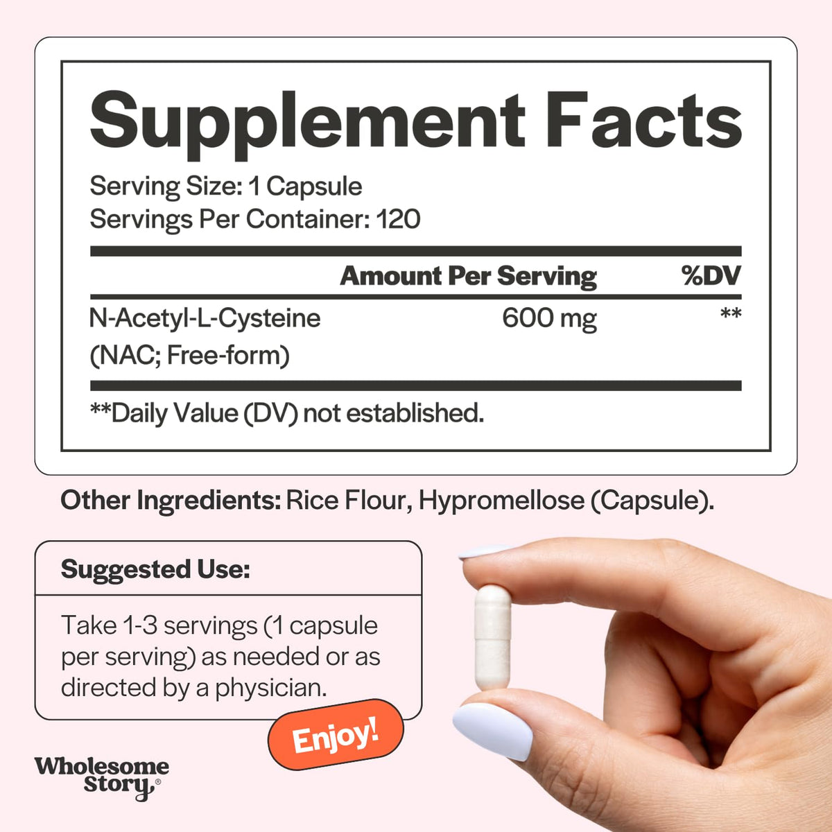 Wholesome Story NAC Supplement N-Acetyl-L-Cysteine 600 mg - 120 Capsules - image 4