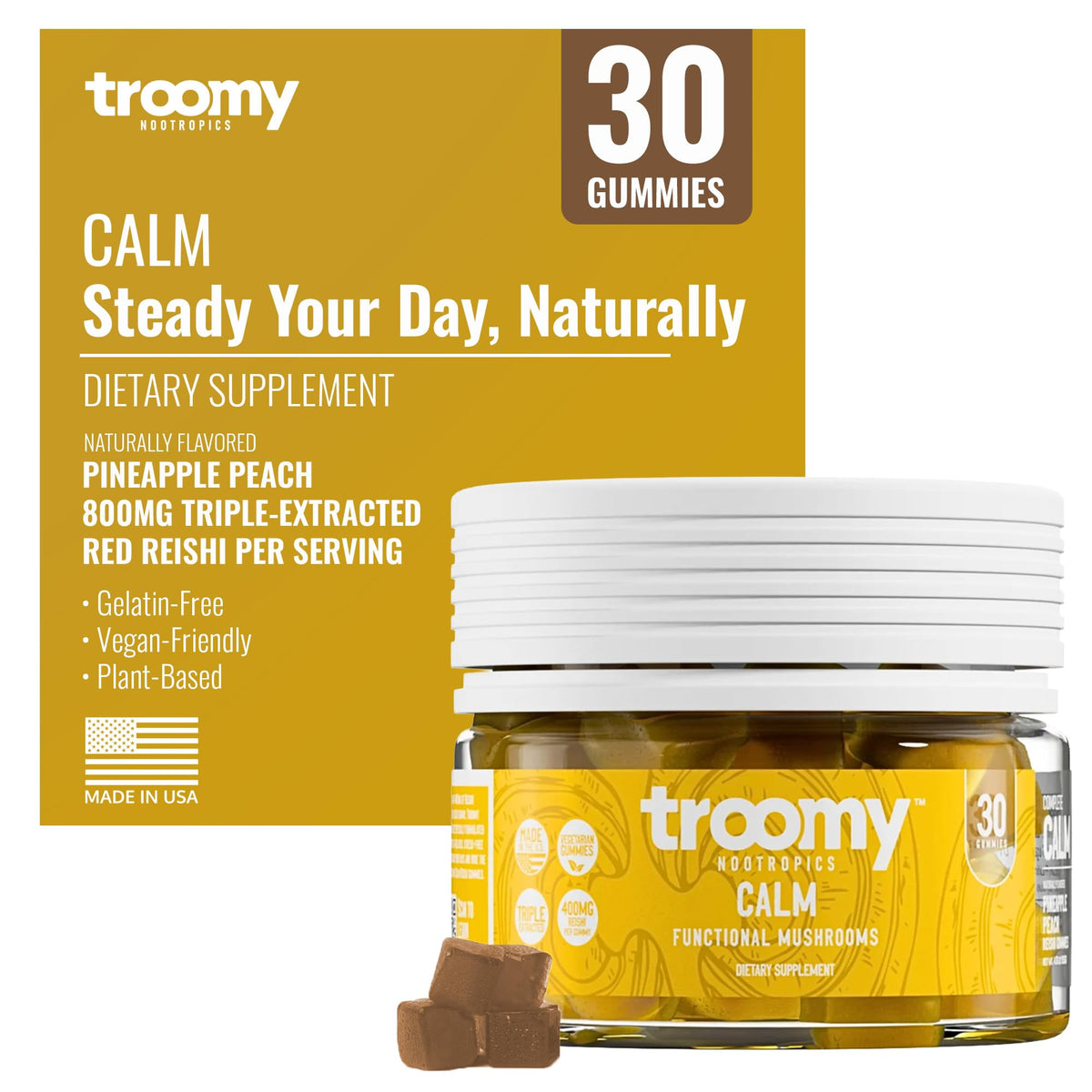 Troomy Reishi Calm Gummies Natural Pineapple Peach Flavor
