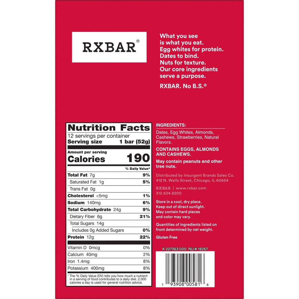 RXBAR Protein Bars, 12g Protein, Gluten Free Snacks, Strawberry, 22oz