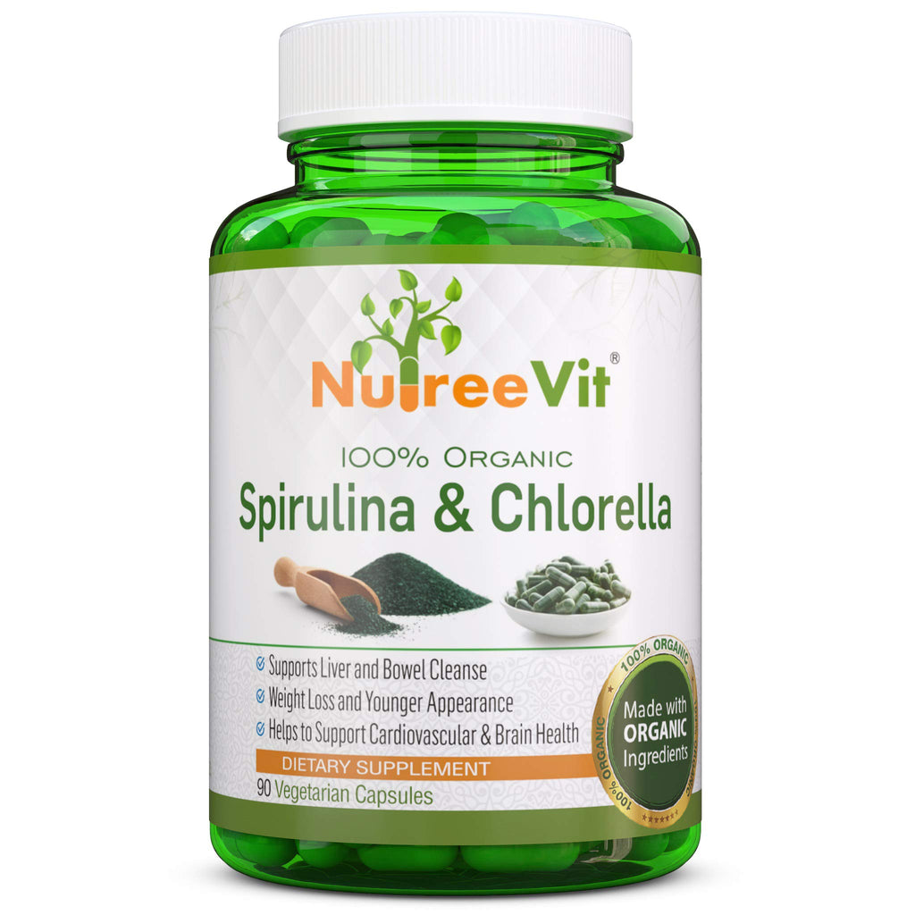 NutreeVit Pure Organic Spirulina & Chlorella Extract - 200 Vegetarian Capsules