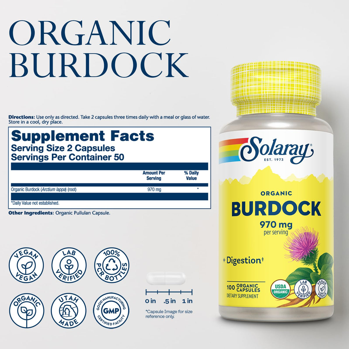 SOLARAY Organic Burdock Root 970 mg - 100 Capsules - image 2