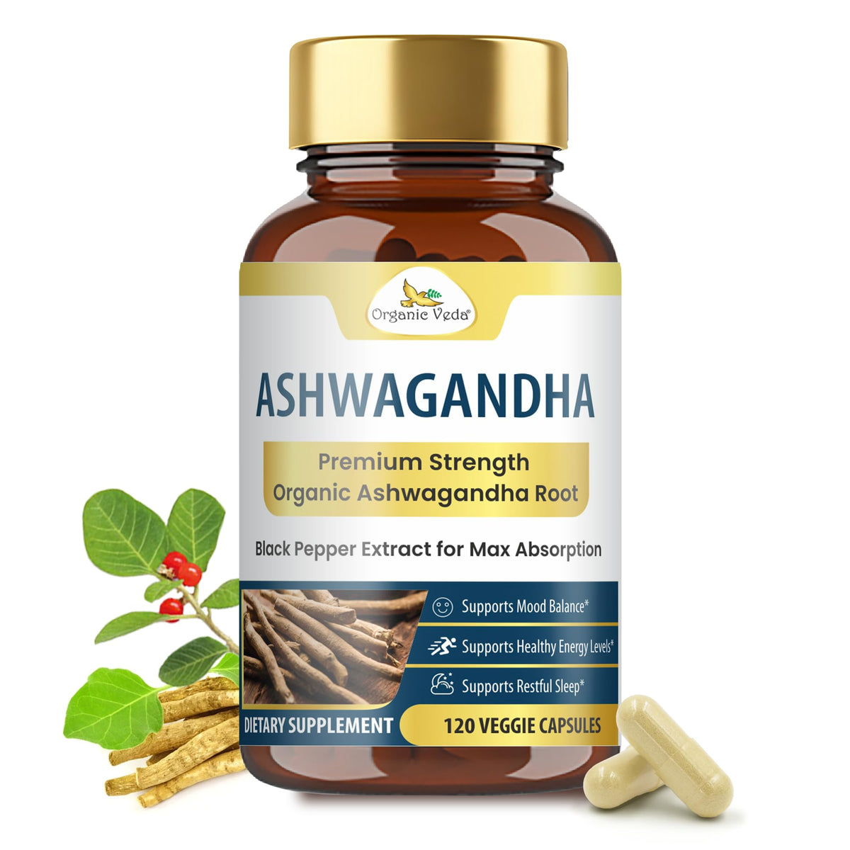 Organic Veda Ashwagandha 2000mg Capsules for Energy - 120 Count
