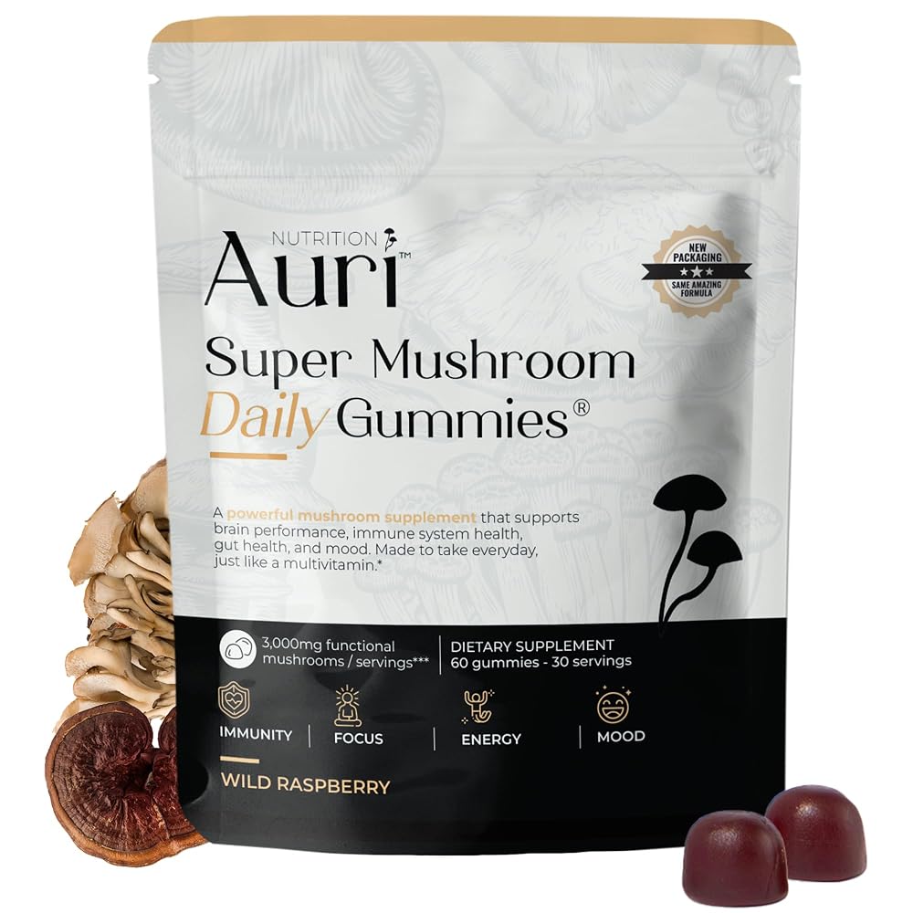 Auri Super Mushroom Gummies with 12 Functional Mushrooms - 60 Count