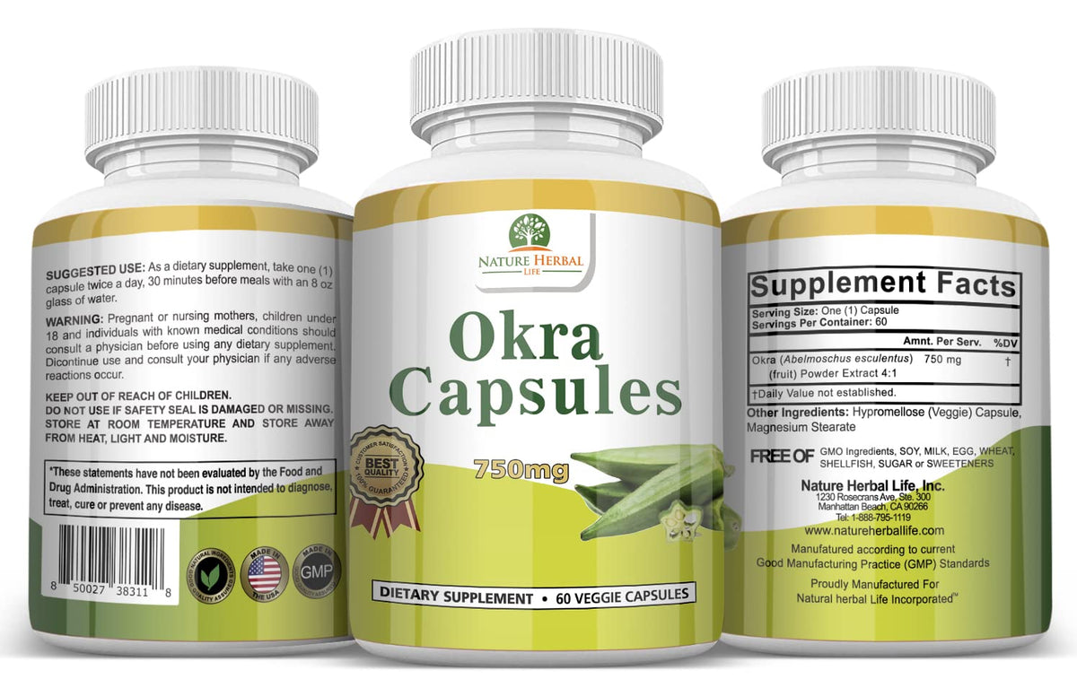 Nature Herbal Life Okra Capsules 750 mg - 180 Vegetarian Capsules - image 2