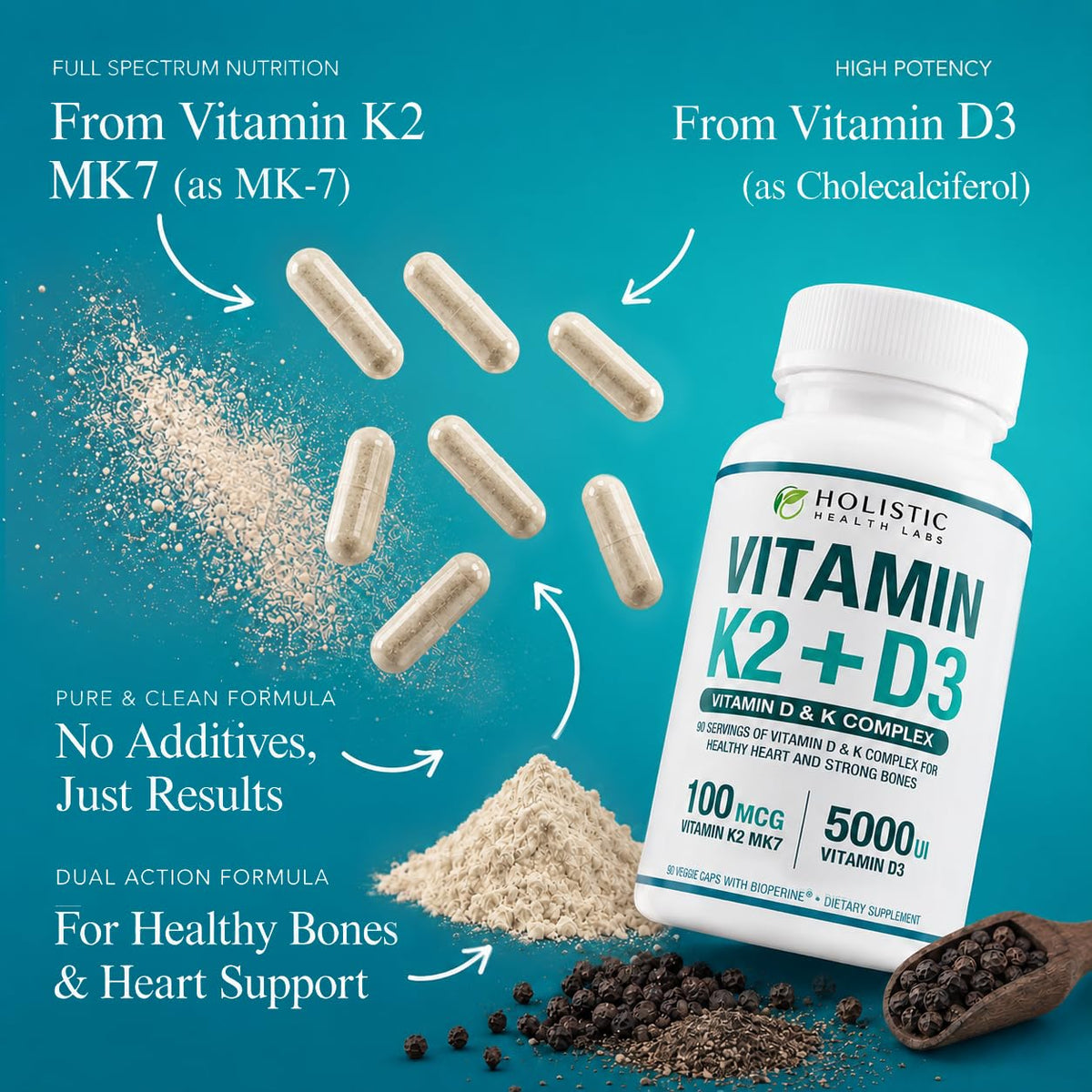 Holistic Health Labs Vitamin K2 + D3 5000 IU - 90 Capsules - image 5