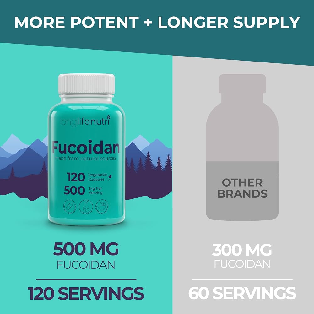 LongLifeNutri Fucoidan 500mg Brown Seaweed Extract - 120 Vegetarian Capsules - image 3