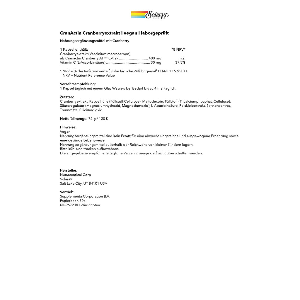 SOLARAY CranActin Cranberry Extract 400 mg