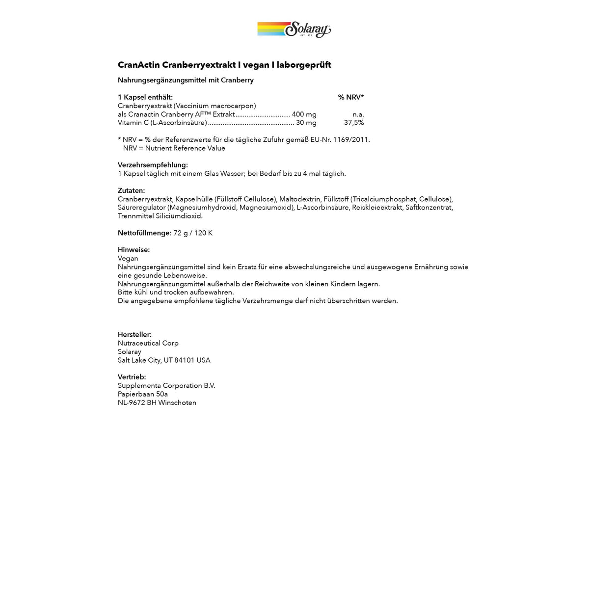 SOLARAY CranActin Cranberry Extract 400 mg