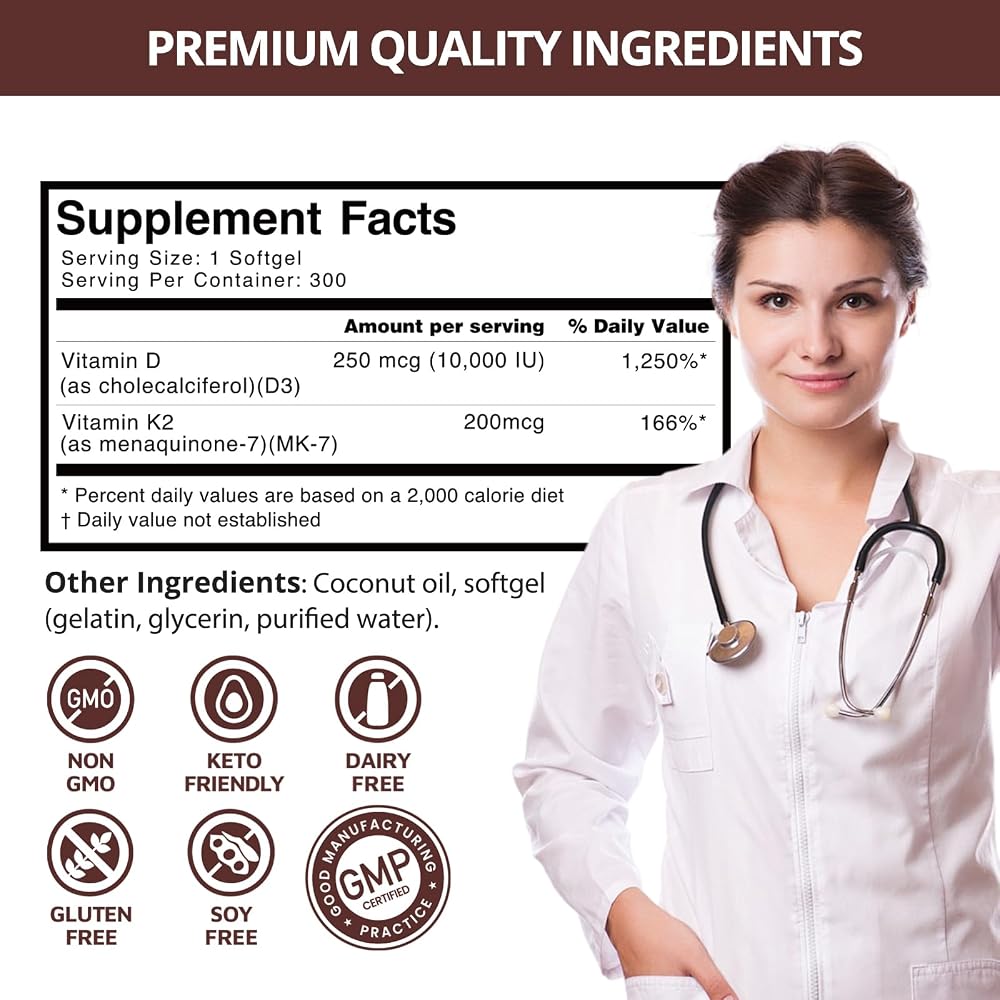 QVQ Vitamin D3 K2, 300 Softgels, Coconut Oil, Gluten-Free, Non-GMO