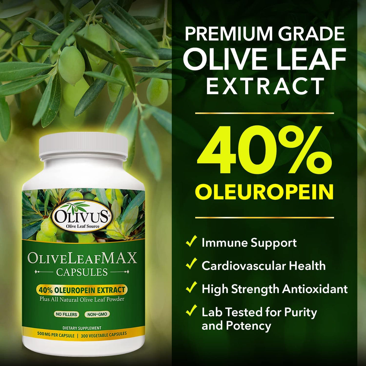 Olivus OliveLeafMAX Olive Leaf Extract (40% Oleuroepin) + Organic