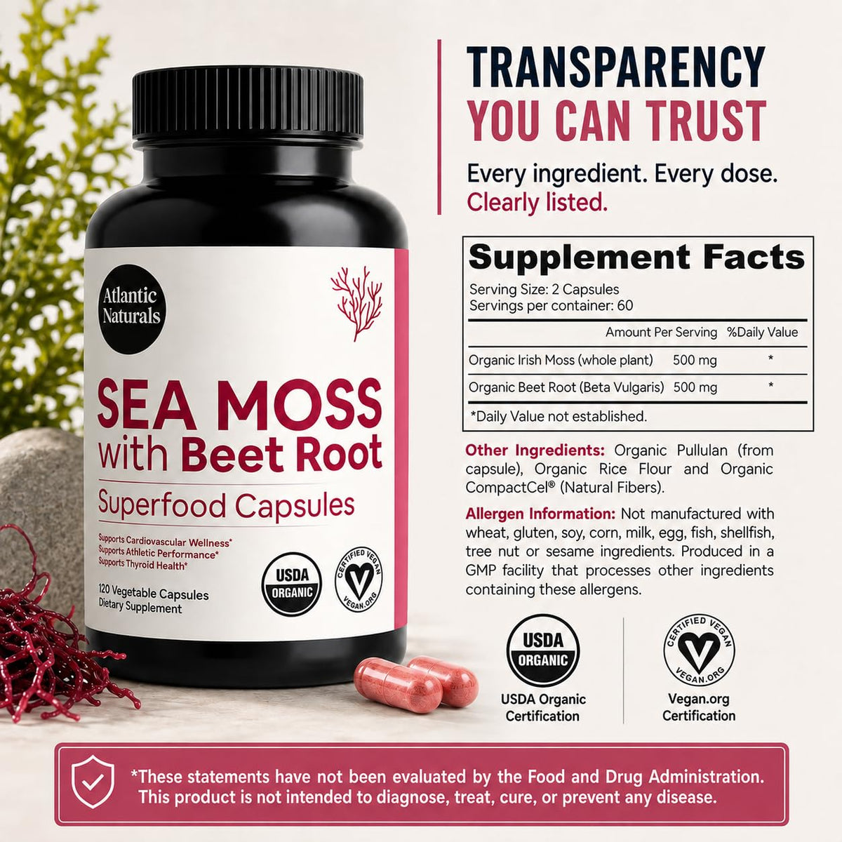 Atlantic Naturals Sea Moss Dietary Supplement - 120 Count Vegetable