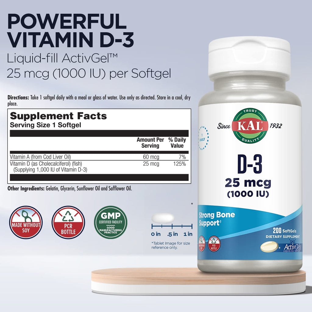 KAL Vitamin D3 25 mcg with Vitamin A - 200 Softgels - image 3