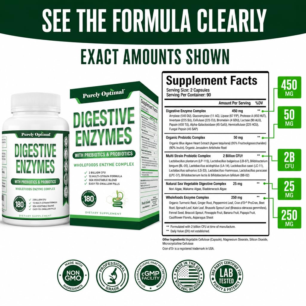 Purely Optimal Digestive Enzymes, Probiotics & Prebiotics - 180 Capsules - image 2