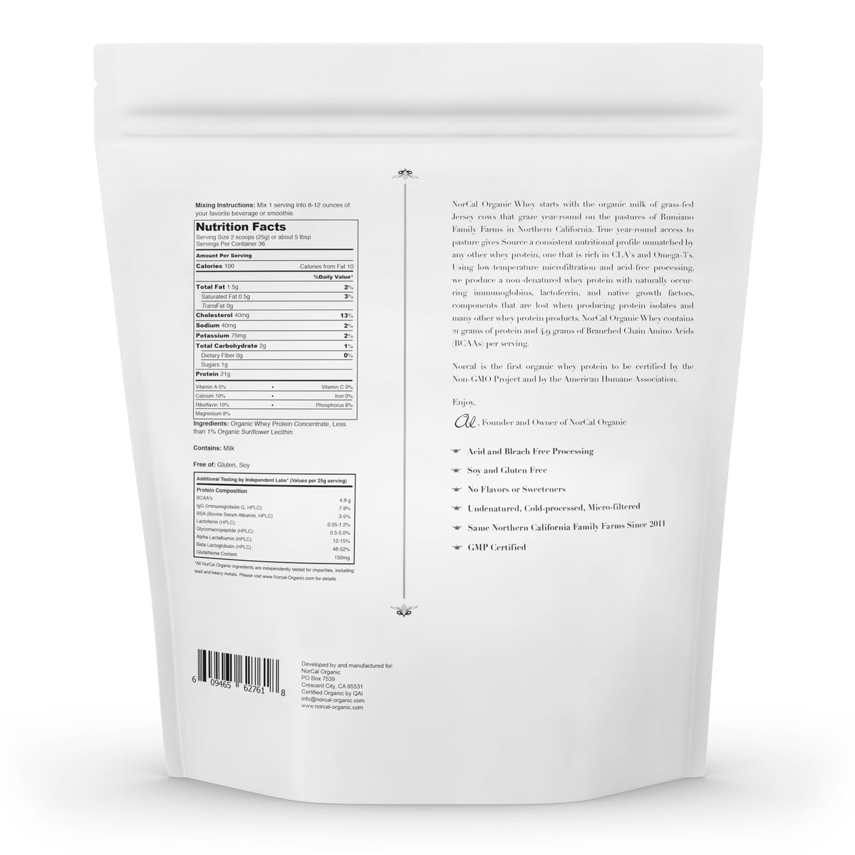 NorCal Organic Natural Grass Fed Whey Protein Powder