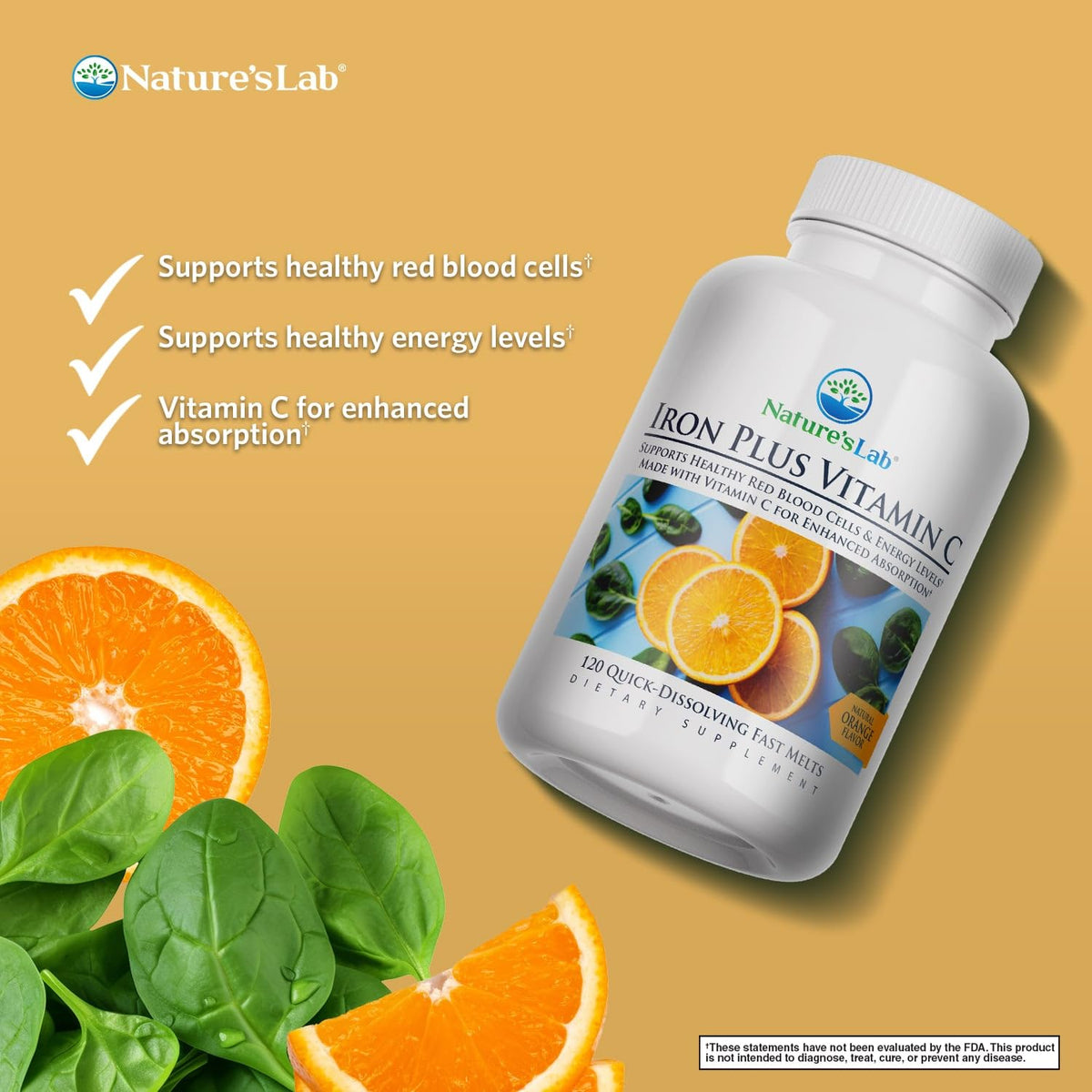 Nature's Lab Iron Plus Vitamin C Fast Melt Tablets - 120 Tablets - image 2