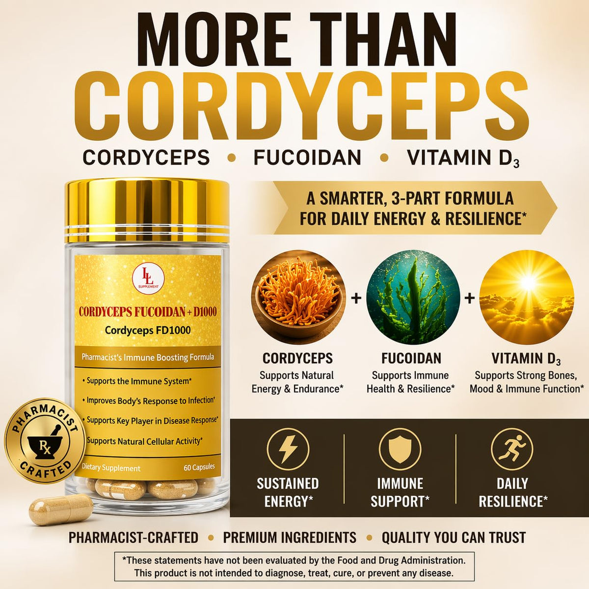 L & L Supplement Cordyceps FD1000 with Fucoidan & Vitamin D - 60 Capsules - image 2