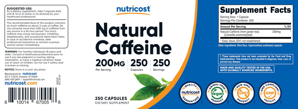Nutricost Natural Caffeine 200mg - 250 Vegetarian Capsules - image 6