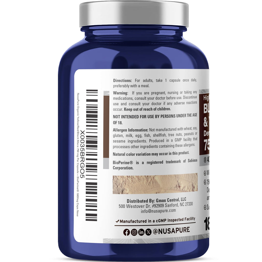 NusaPure Maca Root Black, Red & Yellow Vegan - 180 Vegetarian Capsules - image 3