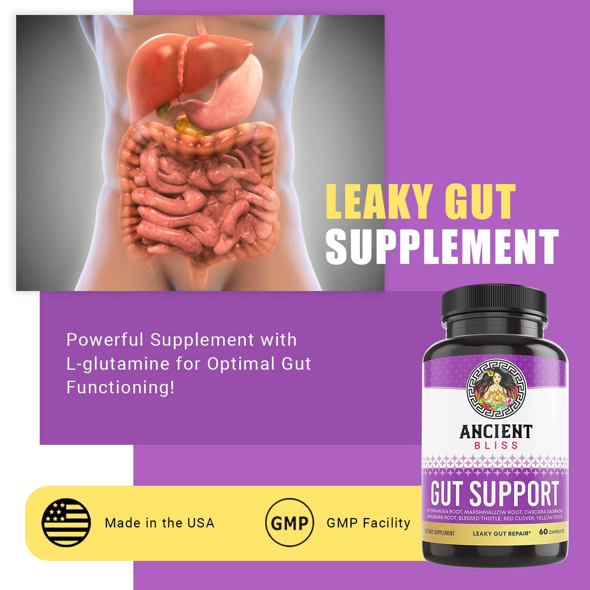 Ancient Bliss L-Glutamine Capsules for Gut Support - 60 Capsules - image 2