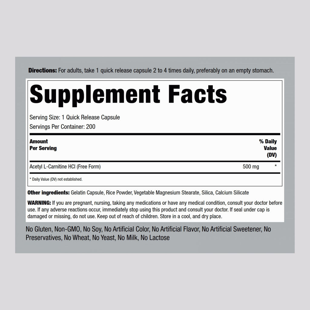Piping Rock Acetyl L-Carnitine HCL 500 mg - 200 Capsules - image 2