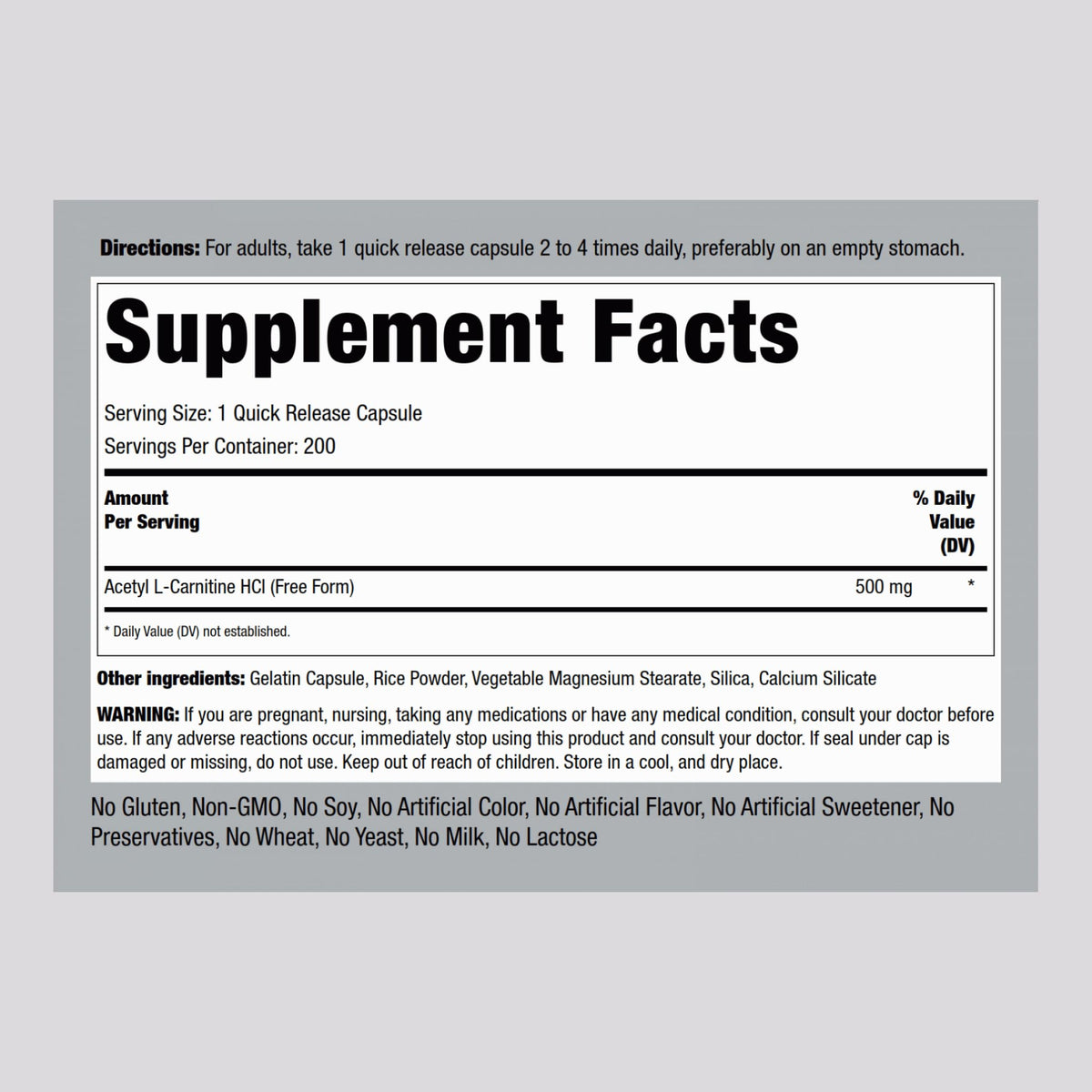 Piping Rock Acetyl L-Carnitine HCL 500 mg - 200 Capsules - image 2