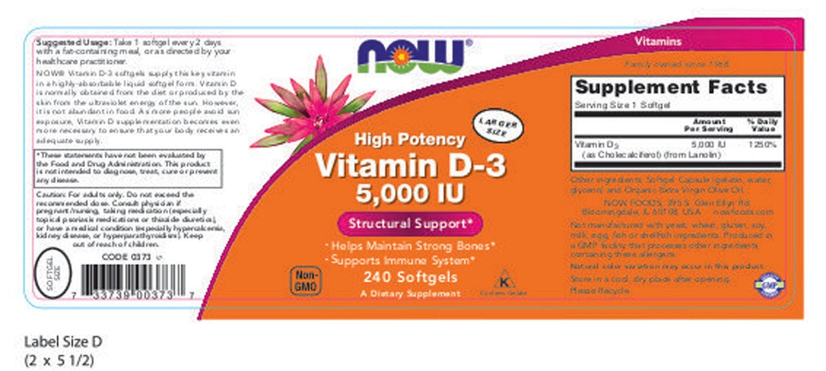 NOW Foods Vitamin D-3 5000 IU - 240 Softgels - image 2