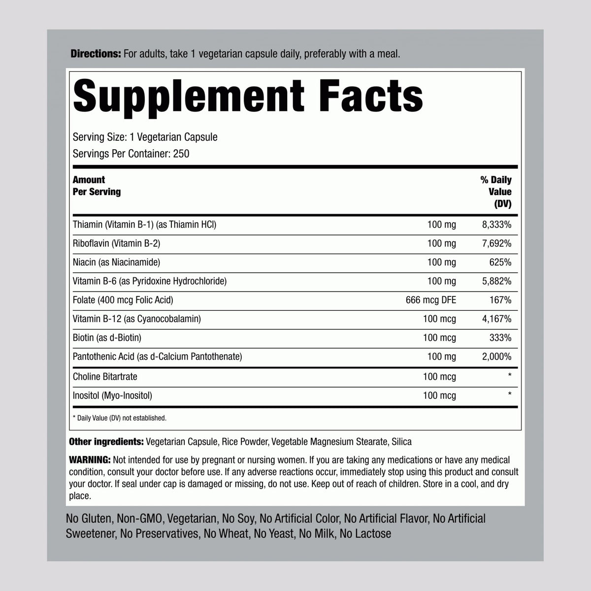 Piping Rock B100 Complex Vitamins - 250 Capsules - image 2