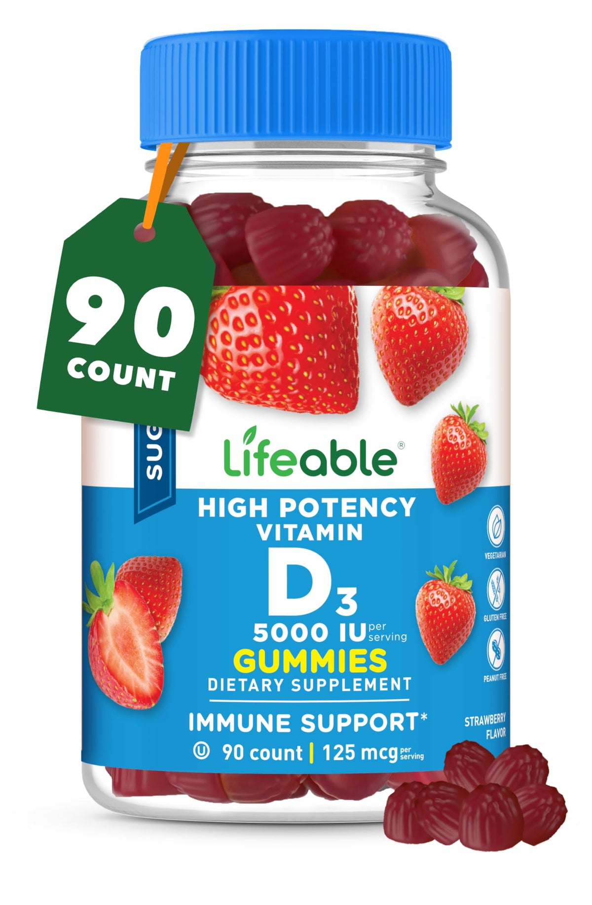 Lifeable Vitamin D3 5000 IU Gummies for Immune & Bone Support - 90 Count