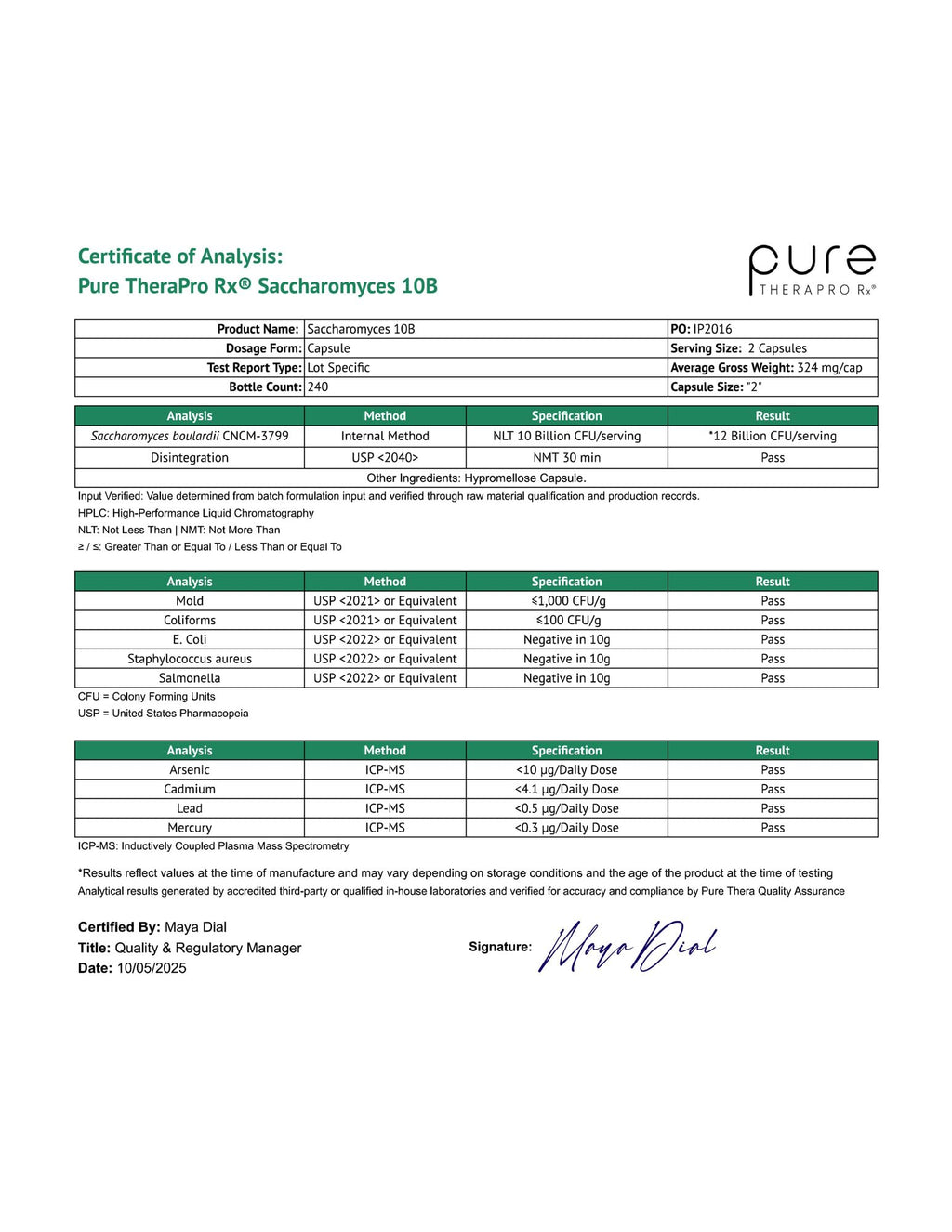 Pure Therapro Rx Saccharomyces 10B Probiotic