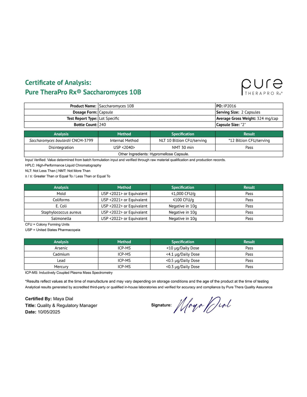 Pure Therapro Rx Saccharomyces 10B Probiotic