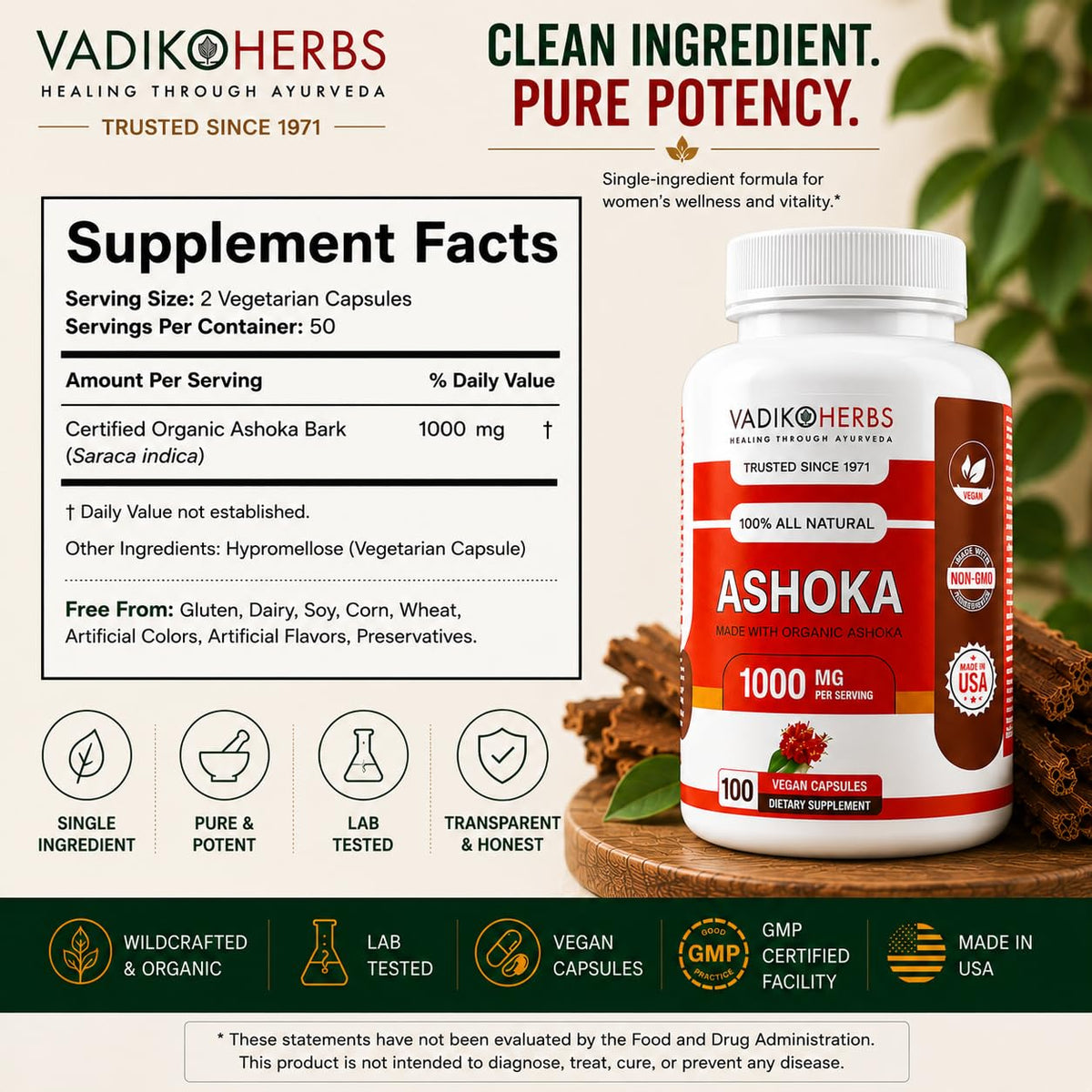 Vadik Herbs Ashoka Bark 1000 mg Women's Wellness - 100 Vegetarian Capsules - image 2