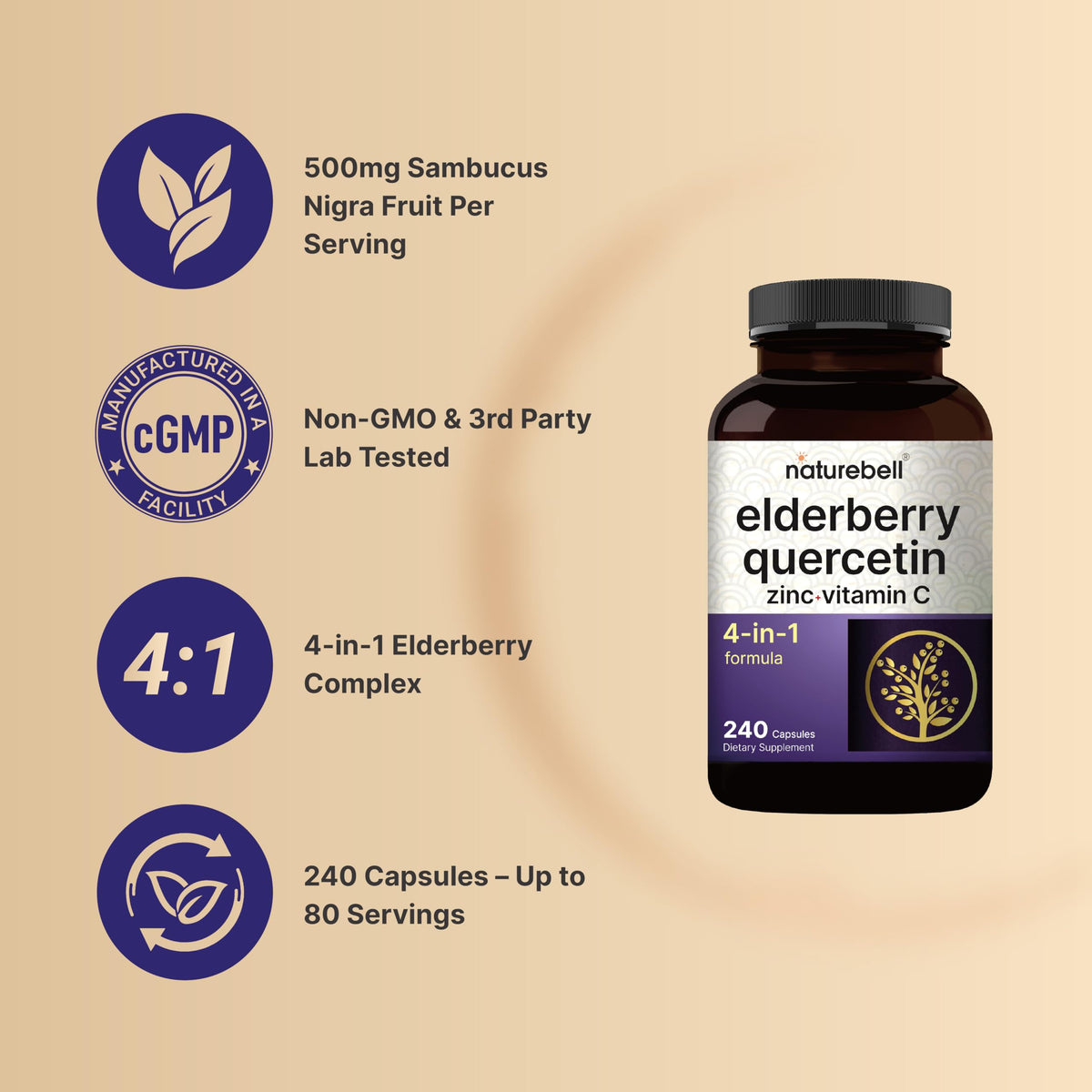 NatureBell Elderberry with Vitamin C, Zinc & Quercetin - 240 Capsules - image 3