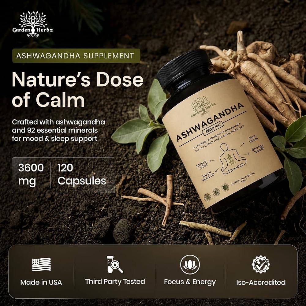 Garden of Herbz Organic Ashwagandha Supplement 3600 mg - 120 Capsules - image 2