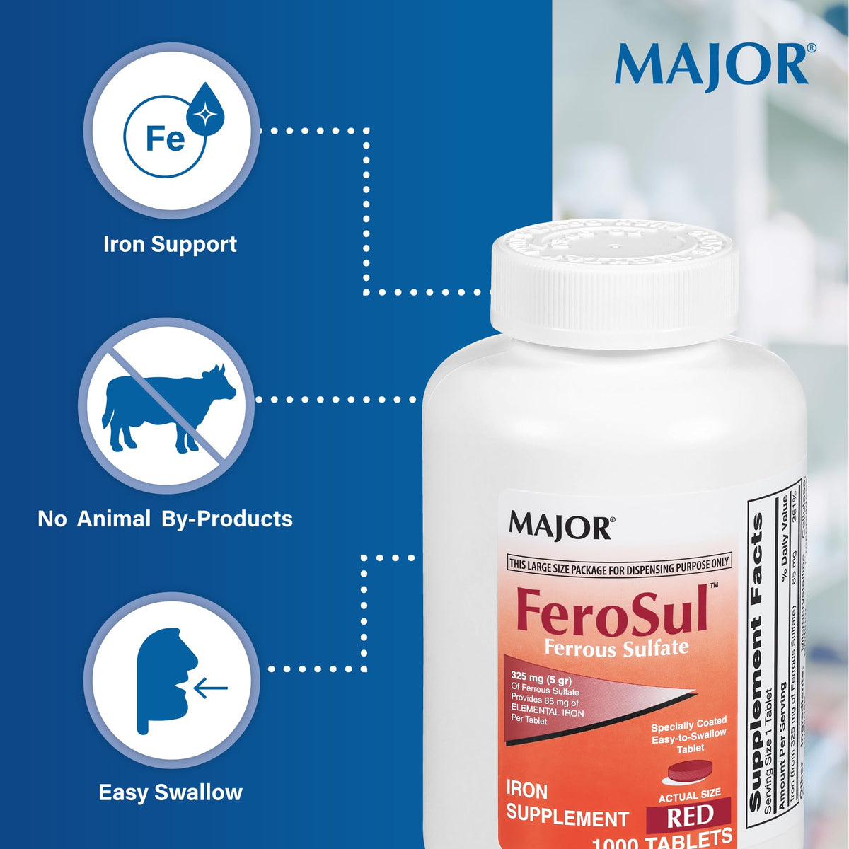 MAJOR Ferosul Ferrous Sulfate 325mg Iron Supplement - 100 Tablets - image 4