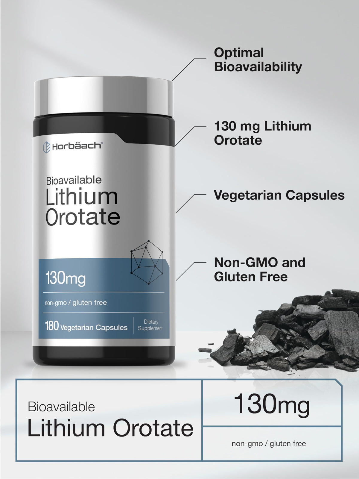 Horbäach Lithium Orotate 130mg - 180 Capsules - image 4