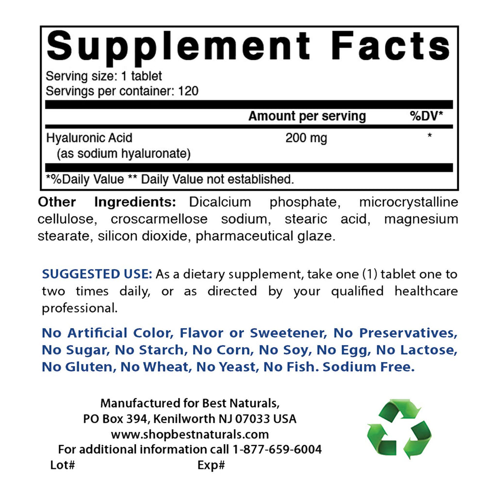 Best Naturals Hyaluronic Acid 200 mg 120 Tablets (Non-GMO