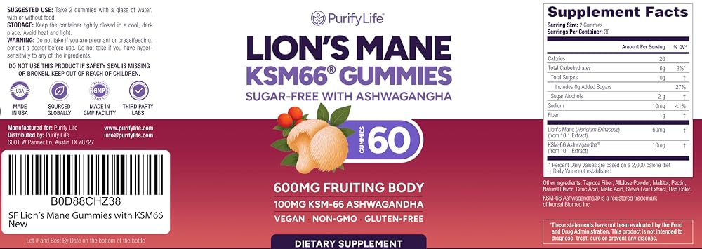 Purify Life Lions Mane Gummies with KSM-66 Ashwagandha - 60 Count - image 8