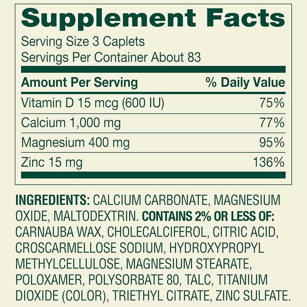 Spring Valley Calcium, Magnesium & Zinc Plus Vitamin D3 - 250 Caplets - image 3