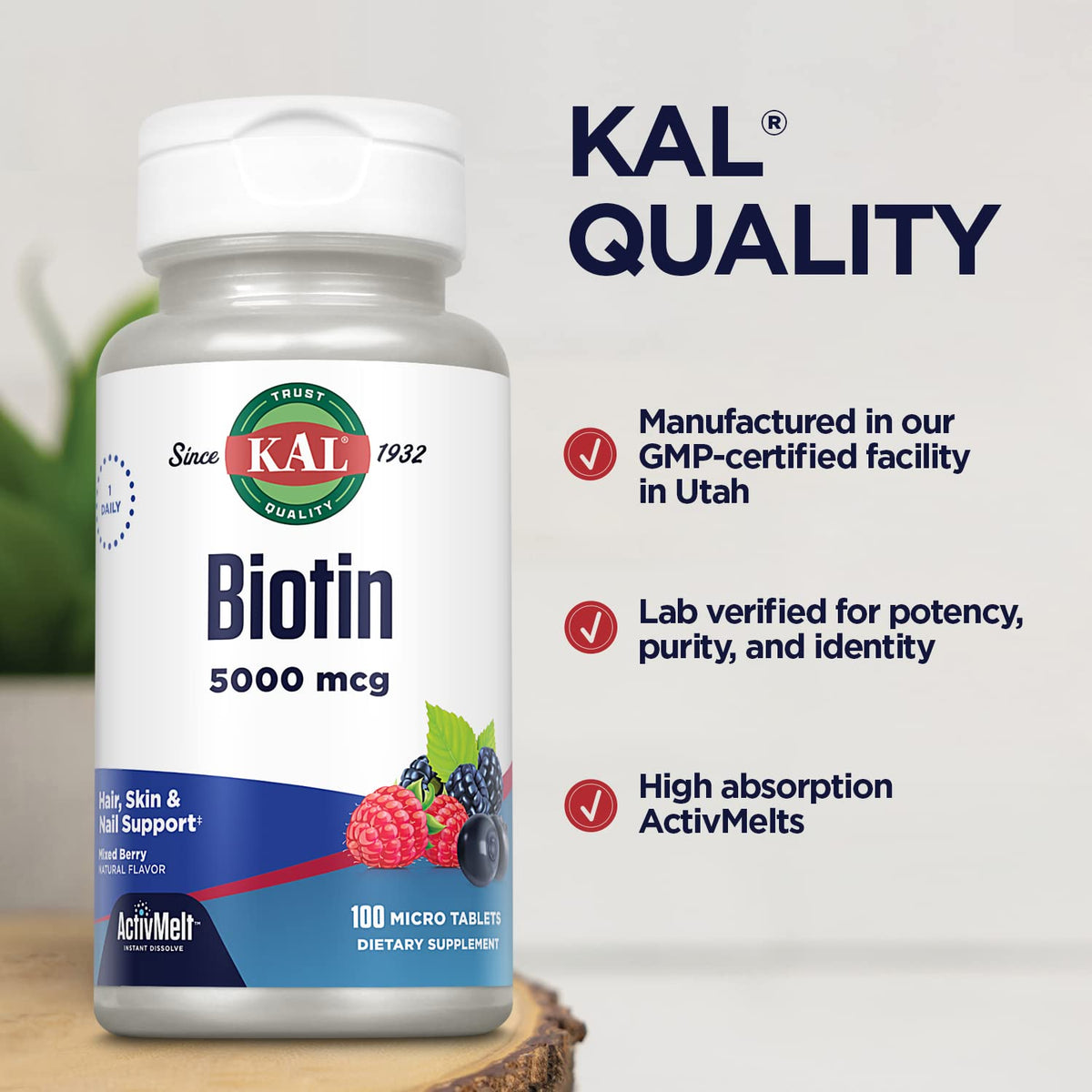 KAL Biotin 5000mcg ActivMelt Healthy Hair Skin & Nails - 100 Tablets - image 4