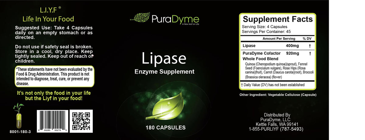 PuraDyme Lipase Enzyme Digestive Support - 180 Capsules - image 2